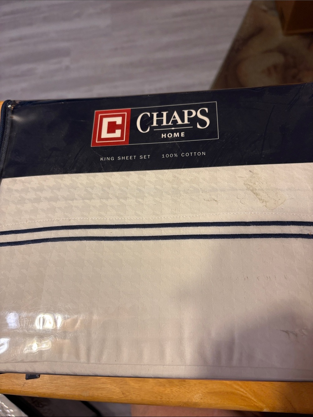 Chaps Home White Sheet Set with Navy Double Stripe